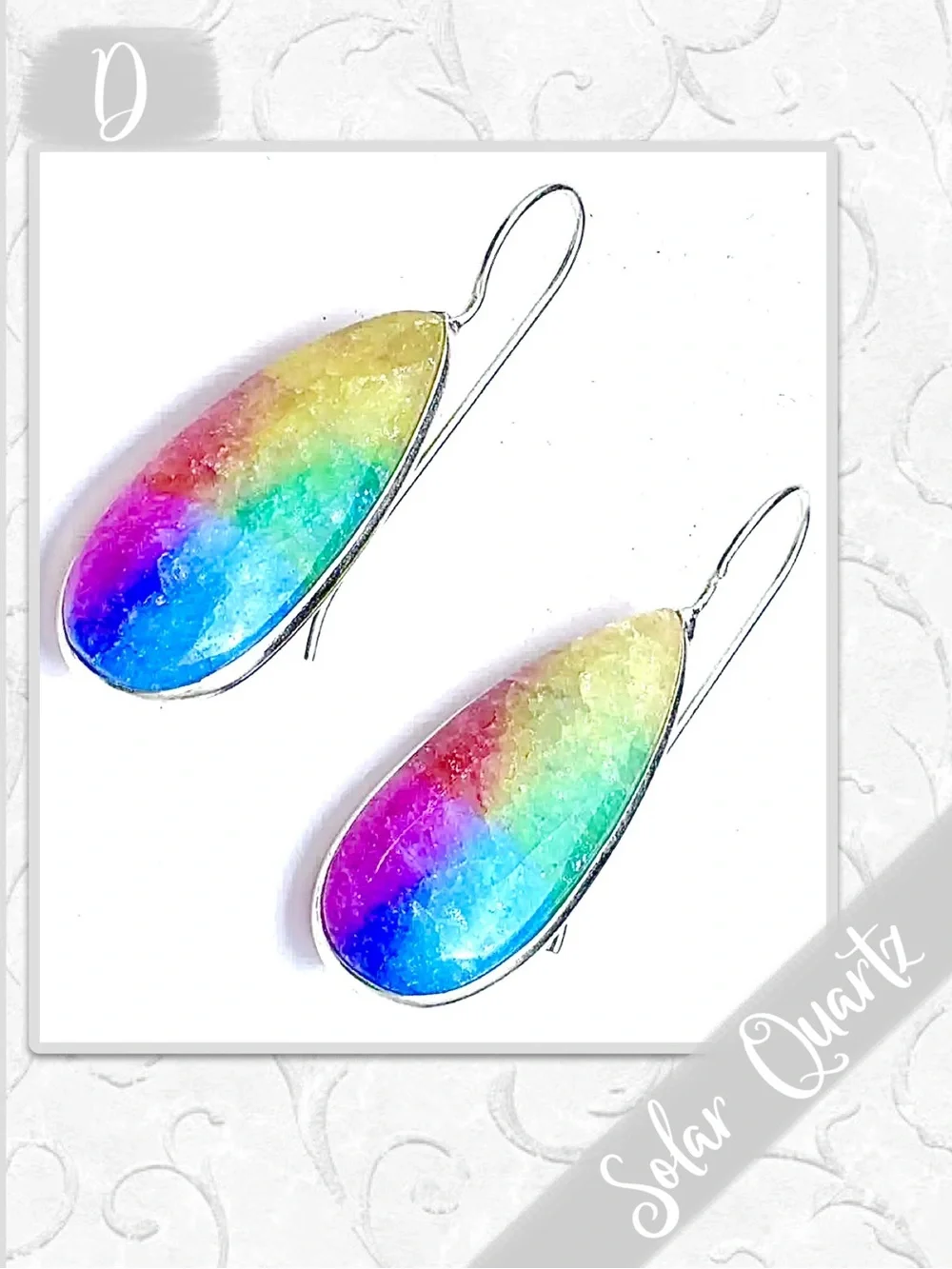Rainbow Solar Quartz Silver Drop Dangle Earrings, Blue, Green, Yellow, Red, Pink
